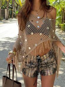 2026 Spring/Summer New Irregular Cut Design Fringe Trim Cardigan For Women.Perfectly Pairs With Camisole, Shorts To Showcase Casual Relaxed Vibe.Suitable For Party, Daily Casual, Beach, Vacation, Street Style And Other Occasions.Versatile Knit Sweater. - 卡其色 - 查看 11