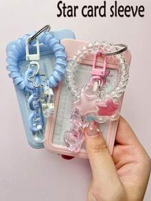 Transparent Pink Star-Shaped Pendant Keychain Card Holder/Photo Holder, Clear ID Card Holder Macaron Color Acrylic Decorative Chain Keychain DIY Pendant Jelly Color High Elasticity Telephone Wire Hair Scrunchies With Removable And Easy-To-Clean Sliding Cover, Keychain - Multicolor - View 6