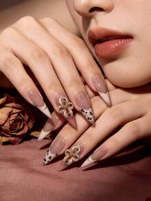 10pcs/1set Handmade Press On Nails For Women, 3D Acrylic Long Stiletto Fake Nails, Hand Painted Leopard Print & 3D Flower Design With Gold French Line, Luxury Reusable Artificial Manicure Nails For Bridal And Casual Wear - Nhiều màu - Xem 4