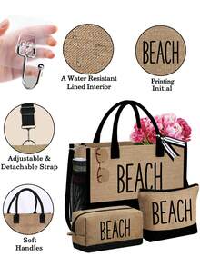 Women's Beach Tote Bag Set, Includes "BEACH" Canvas Bag, Khaki Wavy Beach Sun Hat, Tote Bag, Cosmetic Bag, Wide Brim Sun Hat, Bow Outdoor Travel Hat, Suitable For Spring/Summer Beach Use, Adjustable - Multicolor - View 7