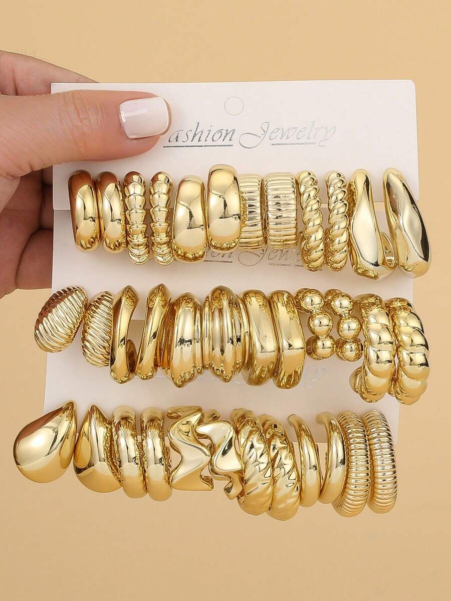 12-36pcs Fashionable Irregular Shaped Plastic Material With Gold-Plated Earring Set, Suitable For Women's Daily And Vacation Wear - Gold - View 1