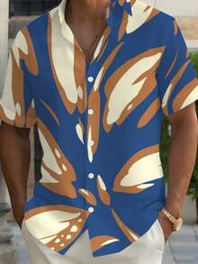 Abstract Leaf Pattern Symbolizes Vitality And Natural Harmony Blending Earthy Brown And Cream Hues On Deep Blue Background Men'S 3D Print Short Sleeve Button Shirt Casual Summer Beachwear - trắng - Xem 4