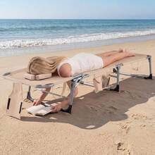 Tanning Chair With Face Hole, Folding Beach Lounge Chair With 4-Position Adjustable Backrest, Pillow & Side Pocket, Foldable Chaise Lounge Chair Outdoor For Sunbathing, Camping (1, Beige) - Be - Xem 2