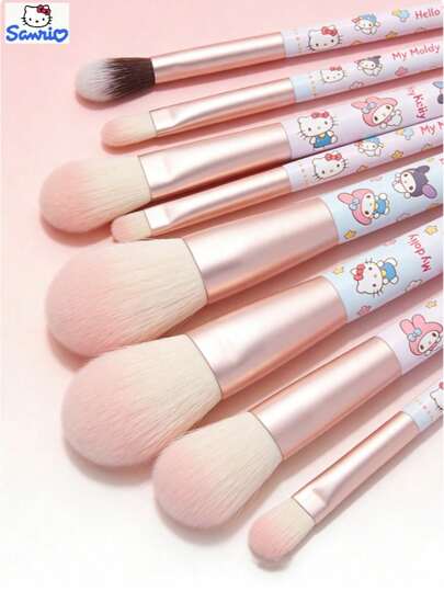  Sanrio Hello Kitty Official 7pcs Makeup Brush Set, Cute Pink Makeup Brushes For Blush, Eyebrows, Lips, And Eyeshadow, With Storage Case, Perfect Gift