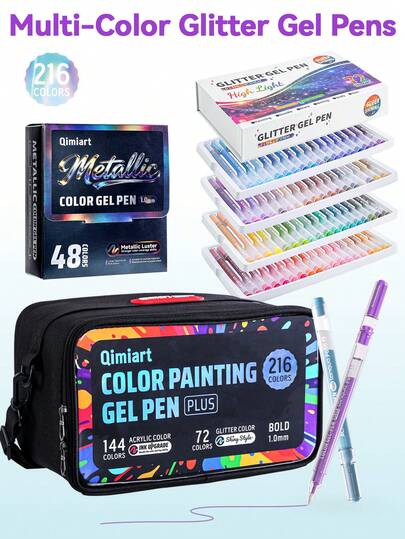 Bộ 216 bút gel dạ quang lấp lánh & 48 bút nhũ kim loại & 72/54/36/24 bút nhũ neon, bút gel nhũ kim loại dung tích lớn với đầu bút 1mm, lý tưởng cho nghệ sĩ và người mới bắt đầu, món quà hoàn hảo cho học sinh nam/nữ, quà tặng nhân dịp tựu trường & quà tặng giáo viên, kèm túi đựng và hộp quà sang trọng.