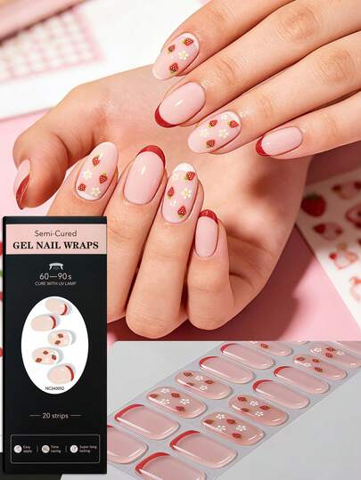 20 miếng dán móng tay gel hình hoa dâu tây màu hồng nude tươi tắn mùa xuân/hè, viền đỏ, thiết kế kiểu móng Pháp với những bông hoa dâu tây tinh tế, bóng và bền, cần đèn UV, thích hợp cho bãi biển, dã ngoại, chụp ảnh du lịch, hẹn hò, quà tặng cho các cô gái
