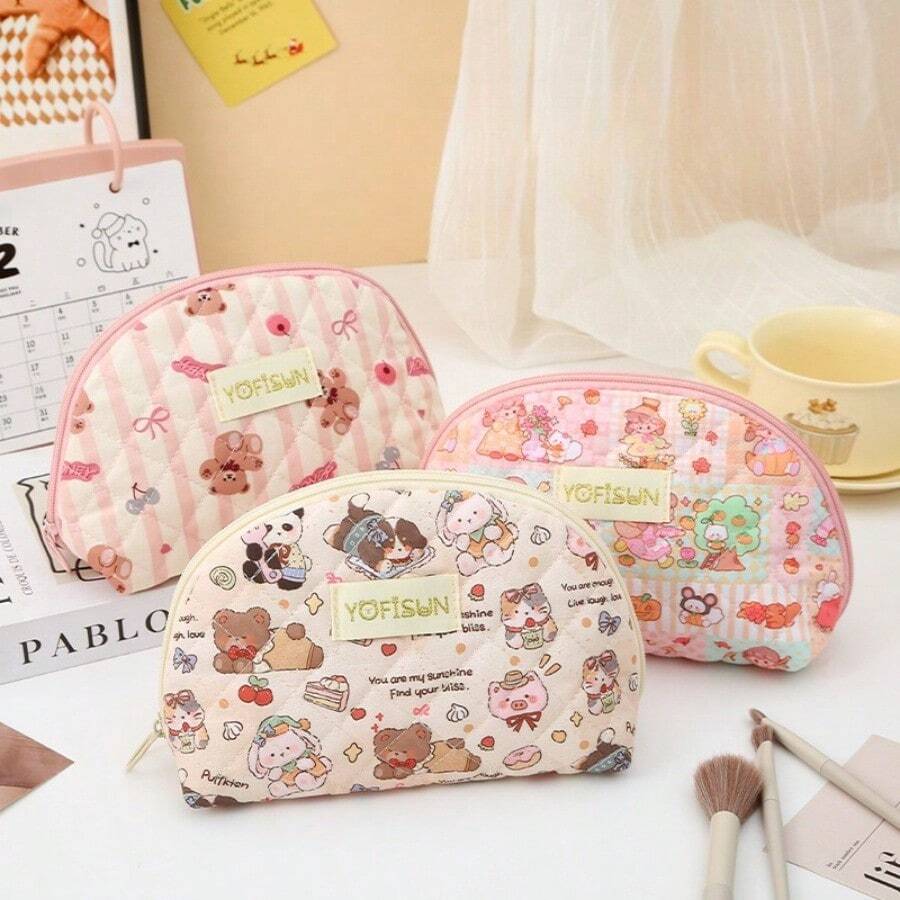Cartoon Striped Quilted Cosmetic Bag, Portable Zipper Makeup Organizer Pouch, Multi-Functional Storage Bag, Lightweight Travel Bag For Toiletries, Cosmetics, Stationery, Compact Toiletry Bag, Gift For Friends And Classmates Make Up Bag Makeup Pouch Wash Bag Makeup Storage Large Capacity Mothers Day Gift Holiday Essentials Mother Gifts - Multicolor - View 1