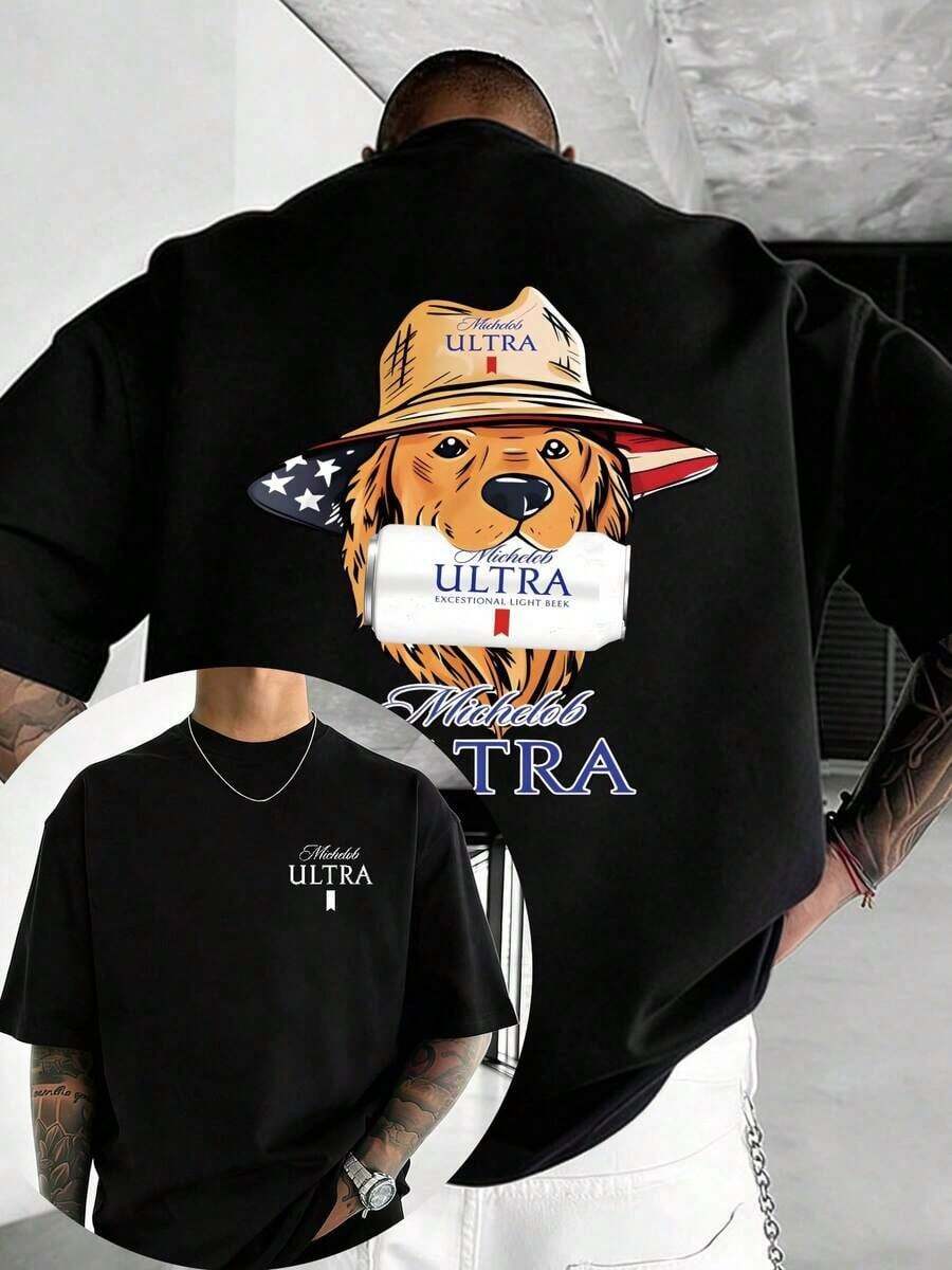 Funny Beer T-Shirts For Men, Golden Retriever T-Shirt With Beer In Mouth, 100% High Quality Cotton, Short Sleeve, Loose Fit, Y2K Urban Style, Independence Day Party T-Shirt For Men - Black - View 1