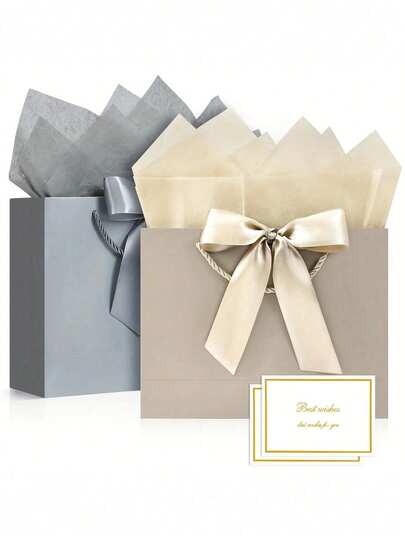 1/4 Set Champagne Gray Gift Bags, Includes 1 Gift Bag, 2 Tissue Papers, 1 Bow, 1 Card, 3 Sizes, With Ribbons, Suitable For Weddings, Birthdays, Baby Showers, Thanksgiving, Anniversaries, Valentine's Day, Celebrations, Graduations, Theme Parties, Applicable For Various Holidays And Parties