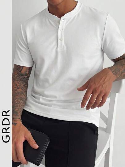 GRDR 男士印花经典纯色亨利领短袖衬衫，休闲必备单品，夏季衣橱必备