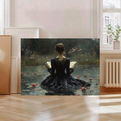 Mujer inspirada en la época de lectura de arte en lienzo, marco dorado decoración de pared, 1 pieza, reproducción de pintura al óleo para hogar y sala de estar, elementos botánicos y de agua, 11,8" x 15,7"