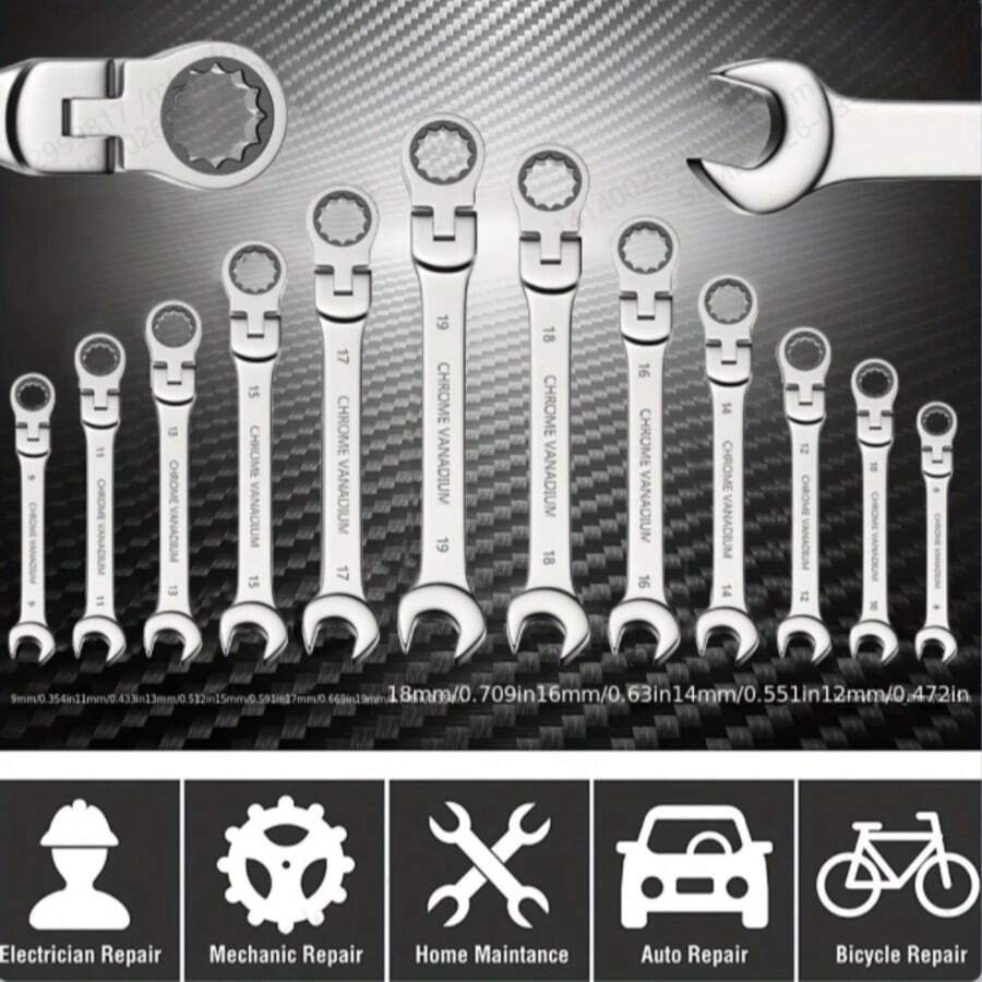 5pcs Flexible Head Ratchet Wrench Set, Metric, Chrome Vanadium Steel Material Tool Kit - Electroplated movable head ratchet wrench single 10MM - View 1