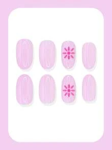 24 móng tay giả ngắn mùa hè, màu hồng tươi sáng dễ thương, phong cách tối giản, không thể thiếu cho kỳ nghỉ. - Hồng - Xem 2