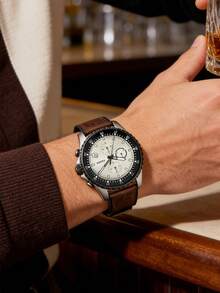 Men's Large Dial Chronograph Wrist Watch: Genuine Leather Strap, Quartz Movement, Water Resistant Design, Suitable For Business And Casual Wear (FS5674) - Coffee Brown - View 4