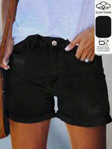 Quần short denim nữ màu trơn dáng rộng, ống lửng, kiểu dáng thường ngày, màu đen, thích hợp mặc mùa hè. - màu đen - Xem 2