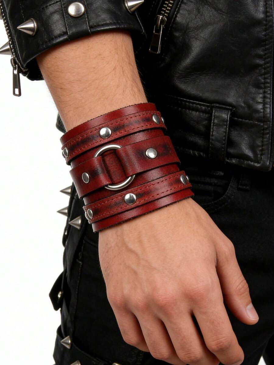 1条宽版双层皮手链，中世纪风格腕带，男女皆宜的复古铆钉合金圈形手链，适合摇滚音乐节服装 - 手鐲 - 查看 1