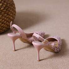 Giày sandal cao gót hở mũi màu đen và hồng đính sequin thanh lịch, thiết kế mũi nhọn với khóa kim loại, đa năng cho tiệc tùng, hẹn hò, đi làm. - Hồng - Xem 5