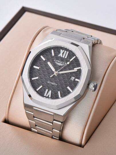 LONGLUX 1 chiếc đồng hồ cơ tự động nam, có lịch, dây thép, khóa bướm, thích hợp cho cả đi chơi và công sở.