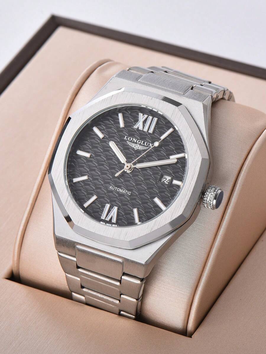 LONGLUX 1 pieza Reloj mecánico automático para hombre con calendario, correa de acero, hebilla de mariposa, casual y de negocios