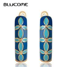 Fashionable Blue Floral Enamel Copper Earrings, Party & Banquet Earrings For Women & Girls, Golden Sweet Accessory, Gift Choice - 藍色 - 查看 3