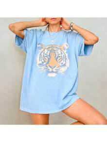 Vintage Tiger Tee - Retro Animal  T-Shirt, 90s Animal Gift For Tiger Lover, Wild Cat Shirt, JungleTiger Graphic Tee220G Heavyweight1830% CottonT-Shirt - 淺藍色 - 查看 1
