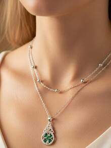 1pc European And American Celtic Knot Necklace, Double-Layer Four-Leaf Clover Pendant Necklace With Zirconia, Fashionable Elegant Luxury Clavicle Chain Suitable For Women's Daily, Party, Vacation, Holiday Decoration - Necklace - View 12