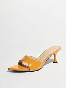 Women's Elegant Sandals, Soft Mirror-Textured One-Strap High Heels, Sexy Waist-Cinching Open Toe Mules, Fashionable Pointed Toe Low Kitten Heels, Suitable For Spring/Summer, Party, Casual, Outdoor, Travel, Gifting, Warm Yellow Color - Mustard Yellow - View 5