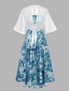 大码女装时尚夏季独特印花雪纺连衣裙和外套优雅两件套，休闲装，适合情人节、日常穿着、花园派对和度假。 - 彩色 - 查看 4