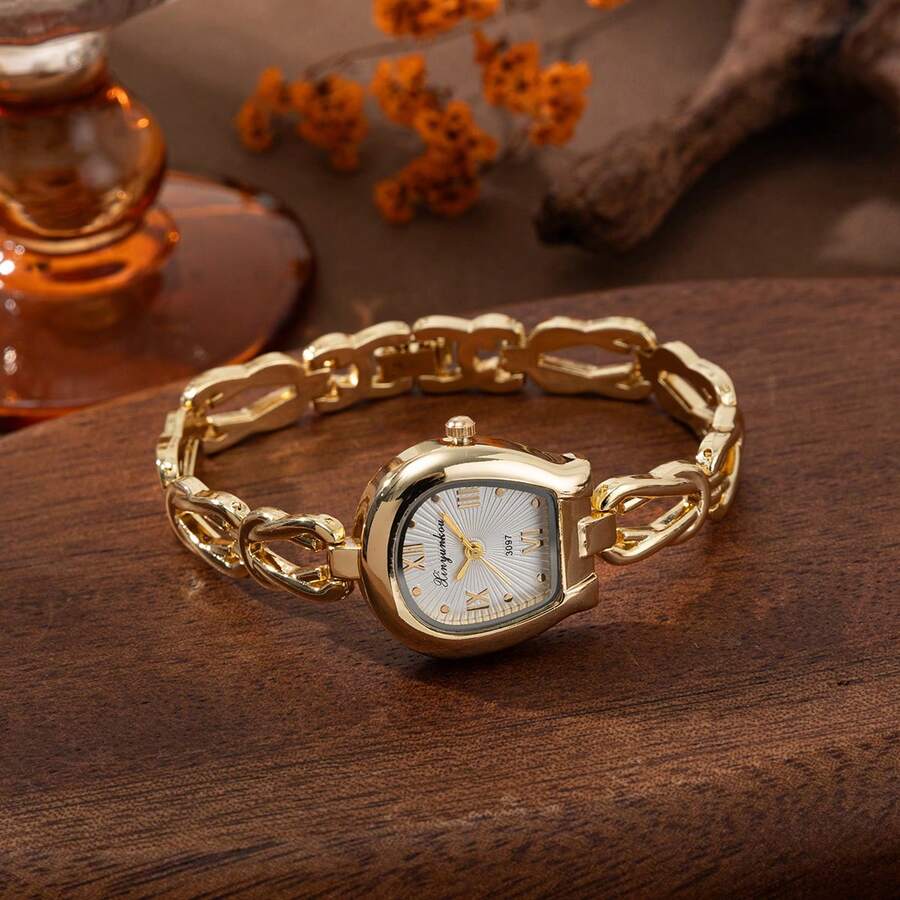 xinyunkou 方形女士腕表，玫瑰金粗链镶嵌钻石石英腕表，时尚叠戴风格，适合各种服饰 - 金色 - 查看 1