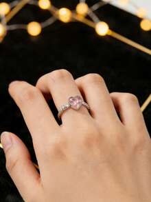 925 sterlingsilverring i hjärtformad diamant, elegant armband med pavefattning, unika feminina smycken, present till bästa vän - Rosa - Visa 4