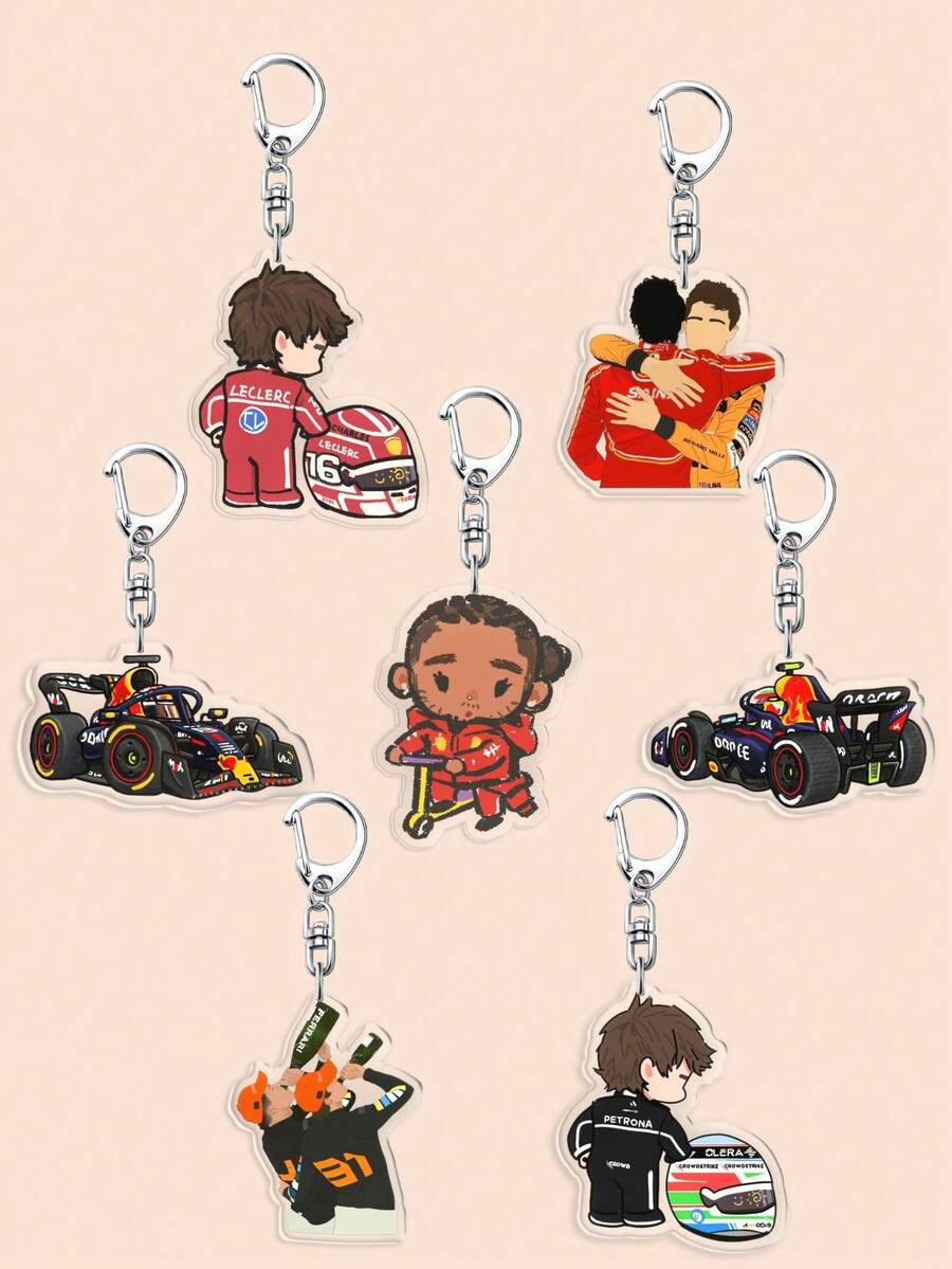 1/7 件装亚克力 F1 赛车钥匙扣，F1 赛车运动钥匙圈，钥匙扣配件，包包挂饰，卡通人物吊坠。可爱鲨鱼、头盔、狗狗背包钥匙扣。适合车迷、生日礼物、圣诞礼物、汽车钥匙扣礼物，送给妈妈、爸爸、毕业生和老师。 - 彩色 - 查看 1