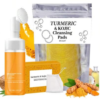 3Pcs Turmeric Wash And Care Three Piece Set,Turmeric Trio: Facial Wash,Cleansing Mousse & Soap For Skin Care,Turmeric Cleansing Exfoliating Pads,Turmeric Face Wash For Face & Body