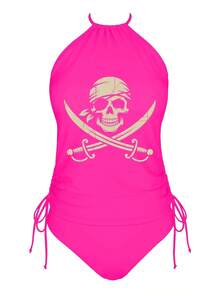 Women'S Tankini Swimwear Featuring A Pirate Skull And Crossbones Design, Perfect For Halloween And Rave Parties. This Elegant Bathing Suit Is Ideal For Beach Outings, Pool Gatherings, And Water, Showcasing A Cute Style, Durable Fabric - 玫瑰紅 - 查看 5