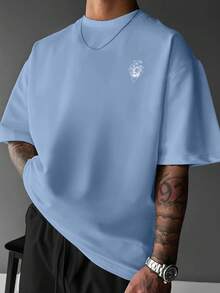 Camvyn 男士休闲时尚简约通勤印花落肩宽松透气短袖T恤，夏季 - 霧霾藍 - 查看 2