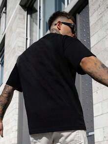 Men's Graphic T-Shirt With Lettering, Emo Style, 2000s - Black - View 3