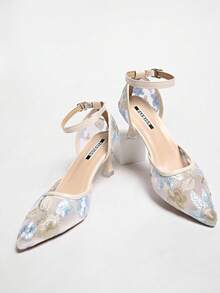 Nouvelles mules à talons hauts blancs de style chinois, sandales convertibles à bout pointu avec broderie de dentelle pour femmes, chaussures d'été - Bleu azur - Voir 6