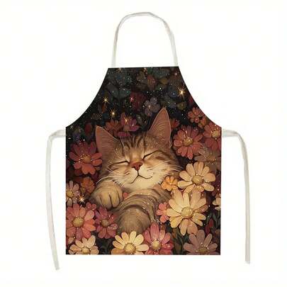 1 chiếc tạp dề nhà bếp họa tiết hoa hình mèo ngủ, làm từ 100% polyester, thích hợp cho nhà bếp, phòng khách, phòng ăn, khách sạn, tiệc nướng ngoài trời và các trường hợp khác, có thể giặt máy.
