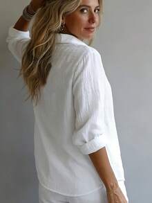 Women's Elegant Resort Style V-Neck Top, Loose And Relaxed Linen Blend Shirt, Suitable For Commuting, Casual, And Artistic Styles, Slimming And Flattering, Everyday Chic, Loose-Fitting, Draping, Breathable, Comfortable, And Relaxed Style. - 白色 - 查看 3