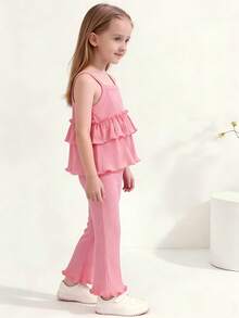 2件套 女童粉色荷叶边吊带背心和喇叭裤 - 粉色 - 查看 3