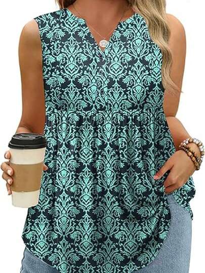 Áo tank top không tay cổ chữ V in hoa dành cho nữ cỡ lớn năm 2026, kiểu dáng thường ngày, thích hợp cho kỳ nghỉ.