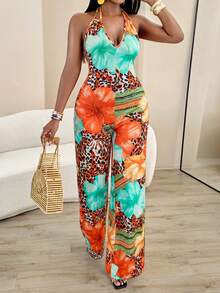 AIJ Bộ jumpsuit nữ gợi cảm, giản dị, tối giản, in họa tiết toàn thân, cổ chữ V sâu, không tay, ống rộng (họa tiết ngẫu nhiên), thanh lịch mùa hè. - Họa tiết da báo - Xem 4