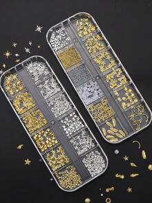 2盒12格金色合金星星3D美甲饰品美甲金属合金装饰闪亮星星贝壳迷你珠子气泡DIY美甲配件 - 彩色 - 查看 4