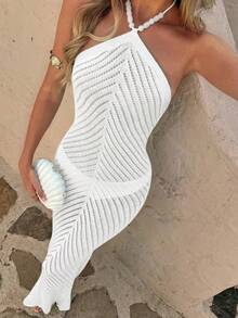 2026春夏新款薄荷蓝镂空针织长裙，采用透气镂空针织面料，吊带设计，修身剪裁，适合海滩、派对、约会等场合，尽显浪漫魅力。春夏女装，度假装，海滩休闲，浪漫约会，派对礼服，轻盈针织长裙 白色 - 白色 - 查看 4