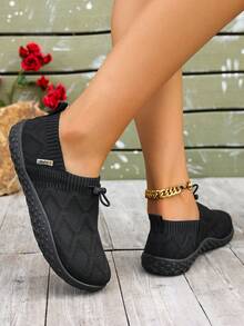 女士纯色帆布抽绳可调节休闲运动鞋，踝袜设计，圆头平底运动户外运动鞋，适合春秋季穿着 - 黑色 - 查看 4