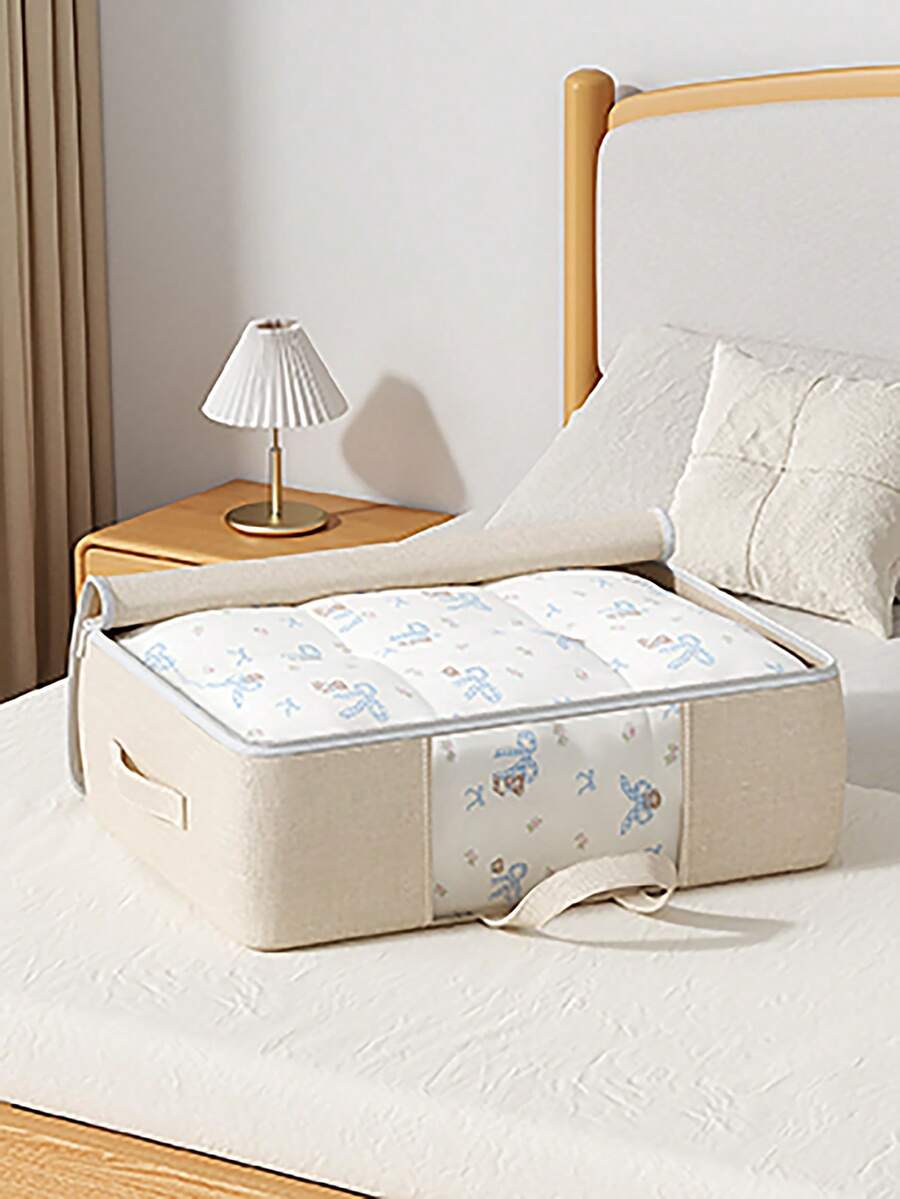 1PC Portable Linen-Pattern Storage Bag With Transparent Window, Large Capacity Clothes Organizer With Dual Handles & Sturdy Zipper, Foldable Dustproof Pouch For Blankets, Pillows & Travel Essentials, Perfect For Closet, Dorm & Home Organization - Beige - View 1