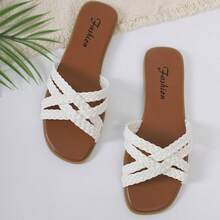 夏季编织交叉拖鞋，时尚休闲平底露趾沙滩拖鞋 - 白色 - 查看 9