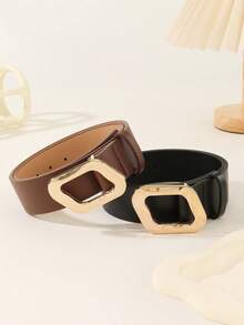 Women's Belt 2 Packs Wide Waist Belt Gold Square Mirror Buckle Brown Black For Dresses Jeans Plus Size - A - View 8