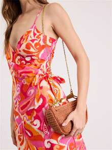 Bolso de hombro mini con cremallera y asa de metal, correa de hombro ajustable, tejido para la playa - Naranja - Ver 3