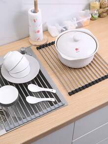 Tấm lót thoát nước bồn rửa bằng thép không gỉ có thể gập lại, giá đựng chén đĩa nhà bếp, giá đựng đồ dùng nhà bếp, giá đựng đồ dùng cuộn lại dùng cho máy rửa chén, quà tặng Ngày của Mẹ - Nhiều màu - Xem 4