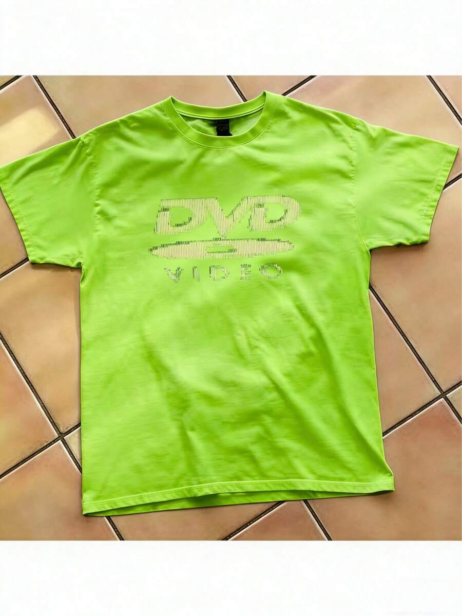 [100% Cotton] DVD Video Nostalgic Green Logo, Vintage Gaming Print T-Shirt, 2000s Aesthetic, Retro Good Shirts, Casual Round Neck Short Sleeve Pullover Tops For Spring / Summer / Fall -Unisex Women & Men's Campus Daily Wear - Forestgreen A - 查看 1